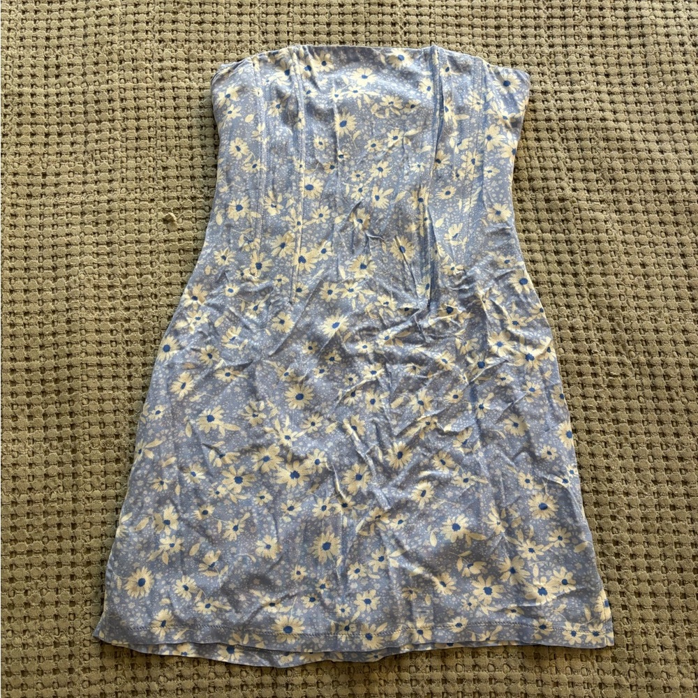 Blue Strapless White Flower Dress